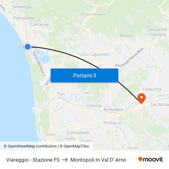 Viareggio Stazione FS to Montopoli In Val D' Arno map