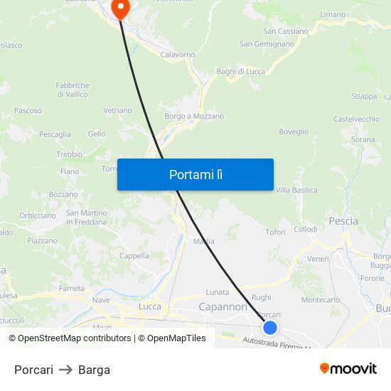 Porcari to Barga map