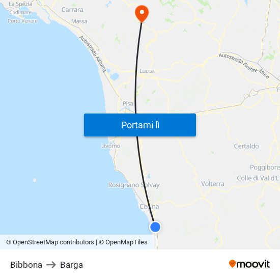 Bibbona to Barga map