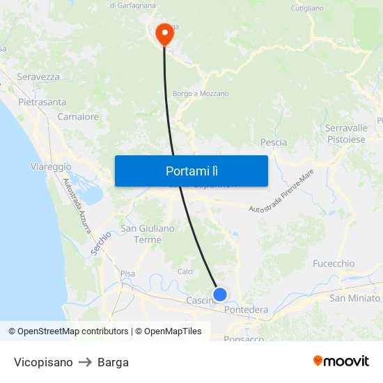 Vicopisano to Barga map