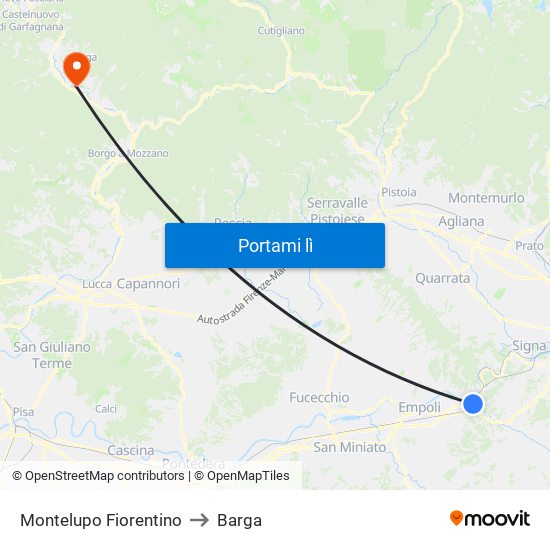 Montelupo Fiorentino to Barga map