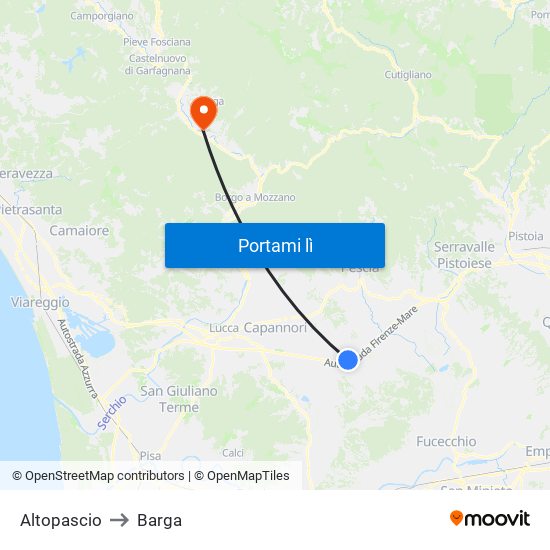 Altopascio to Barga map