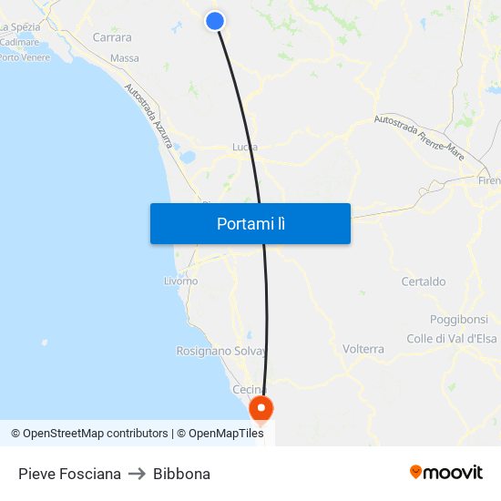 Pieve Fosciana to Bibbona map