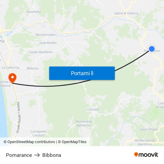 Pomarance to Bibbona map