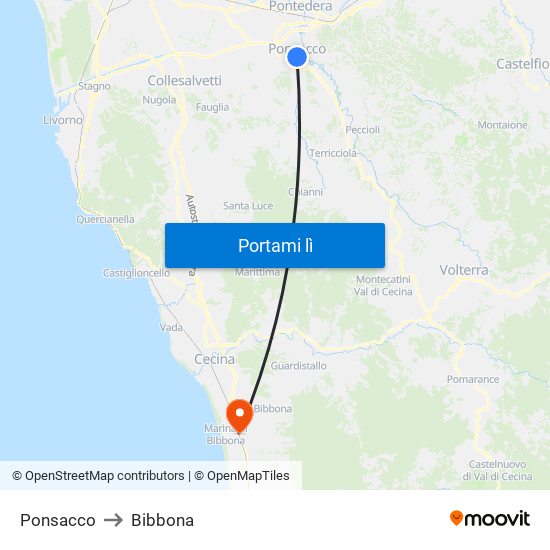 Ponsacco to Bibbona map