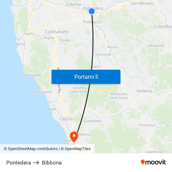 Pontedera to Bibbona map