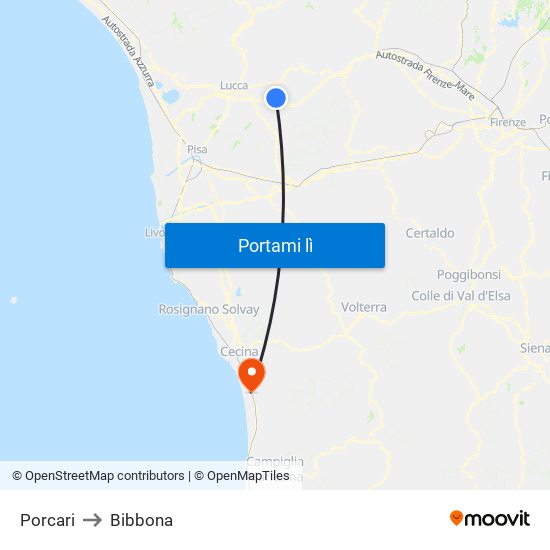 Porcari to Bibbona map