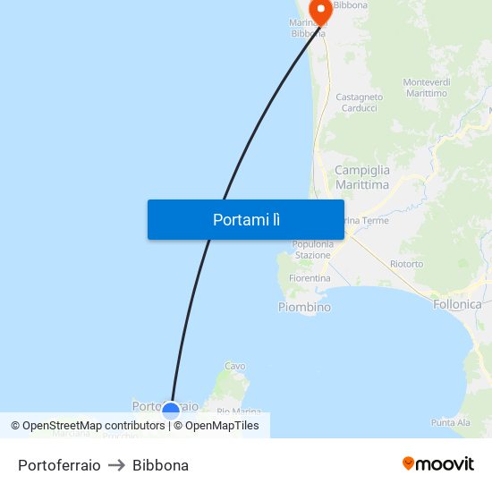 Portoferraio to Bibbona map