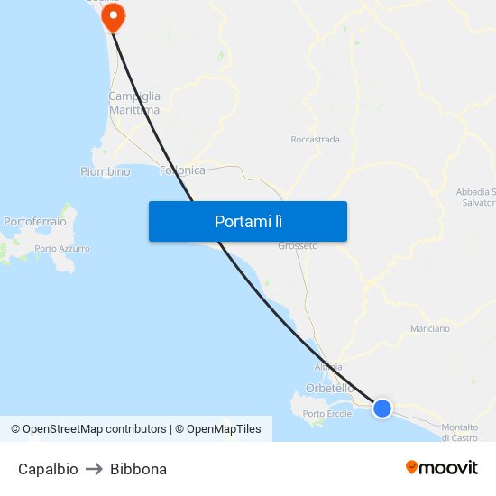 Capalbio to Bibbona map