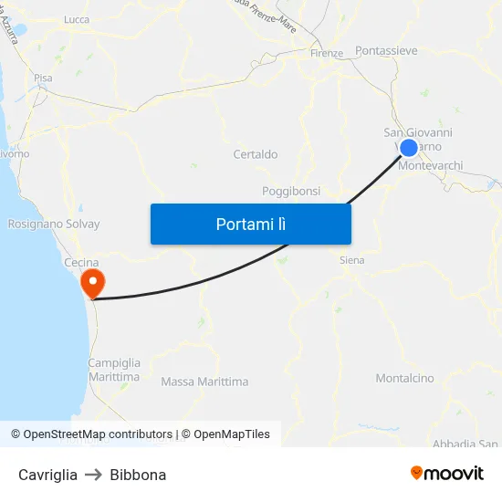 Cavriglia to Bibbona map