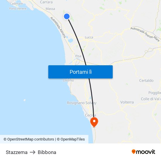 Stazzema to Bibbona map