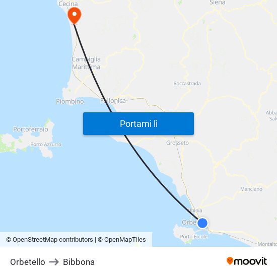 Orbetello to Bibbona map