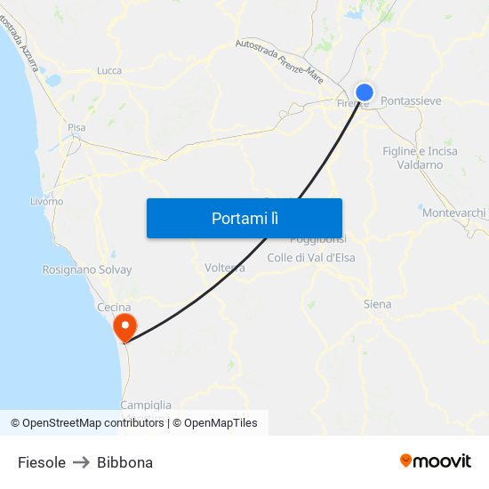 Fiesole to Bibbona map