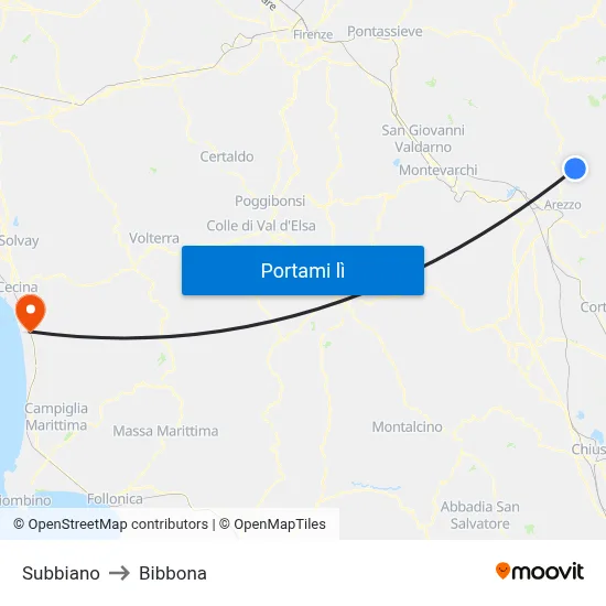 Subbiano to Bibbona map