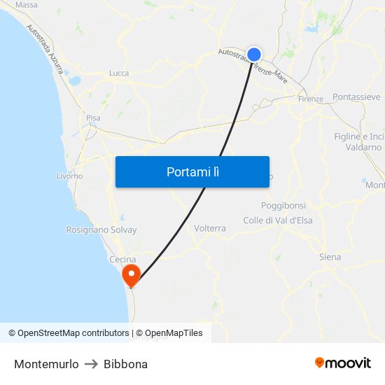 Montemurlo to Bibbona map