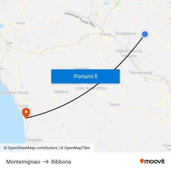 Montemignaio to Bibbona map