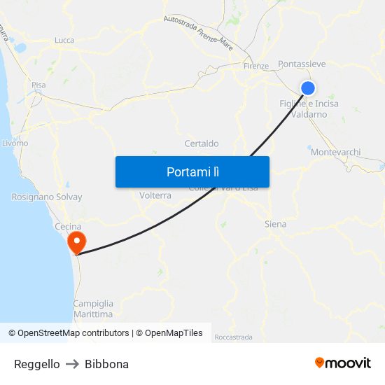 Reggello to Bibbona map