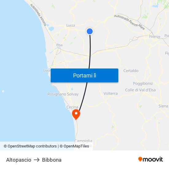 Altopascio to Bibbona map