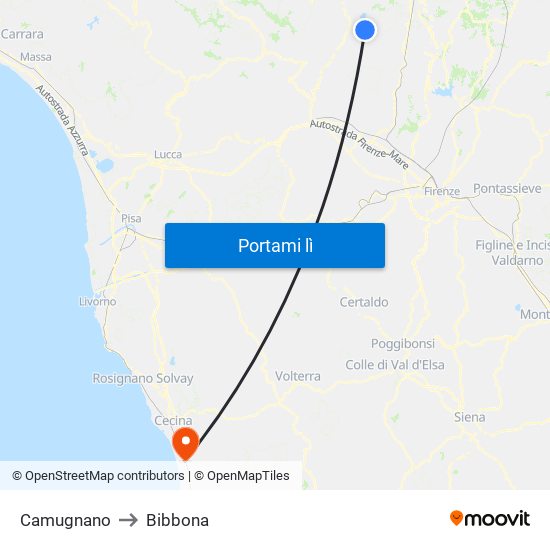 Camugnano to Bibbona map