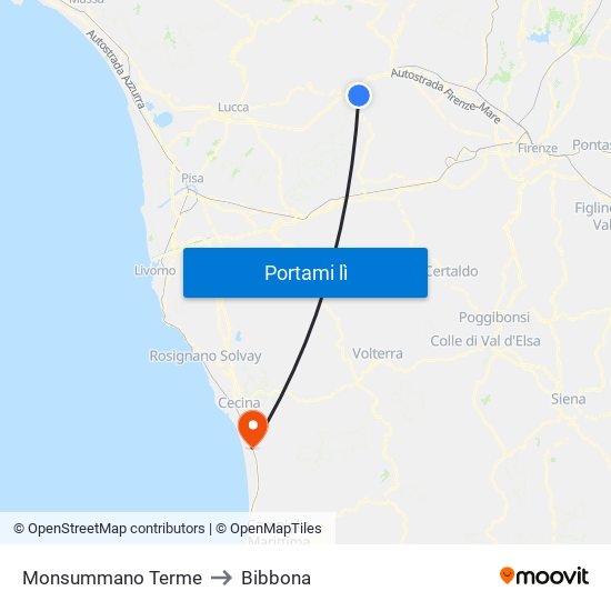 Monsummano Terme to Bibbona map