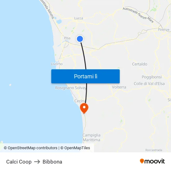 Calci Coop to Bibbona map