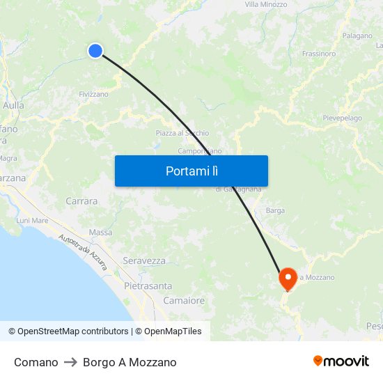 Comano to Borgo A Mozzano map