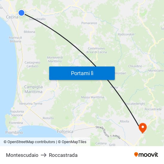 Montescudaio to Roccastrada map