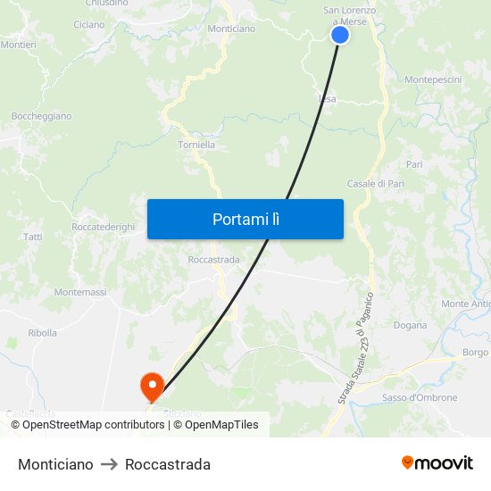 Monticiano to Roccastrada map