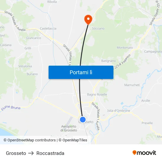 Grosseto to Roccastrada map