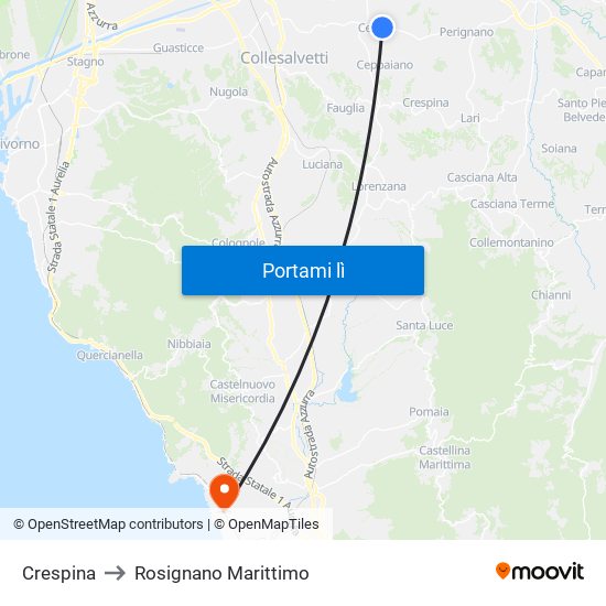 Crespina to Rosignano Marittimo map
