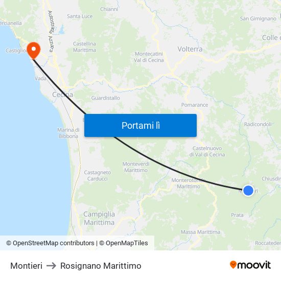 Montieri to Rosignano Marittimo map