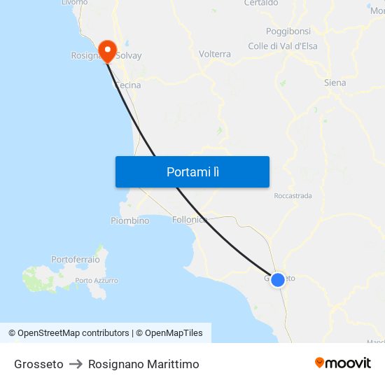 Grosseto to Rosignano Marittimo map