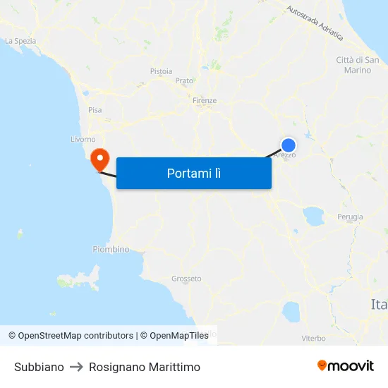 Subbiano to Rosignano Marittimo map