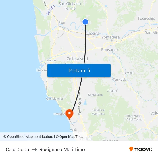 Calci Coop to Rosignano Marittimo map