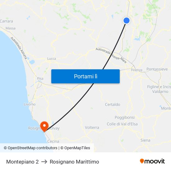 Montepiano 2 to Rosignano Marittimo map