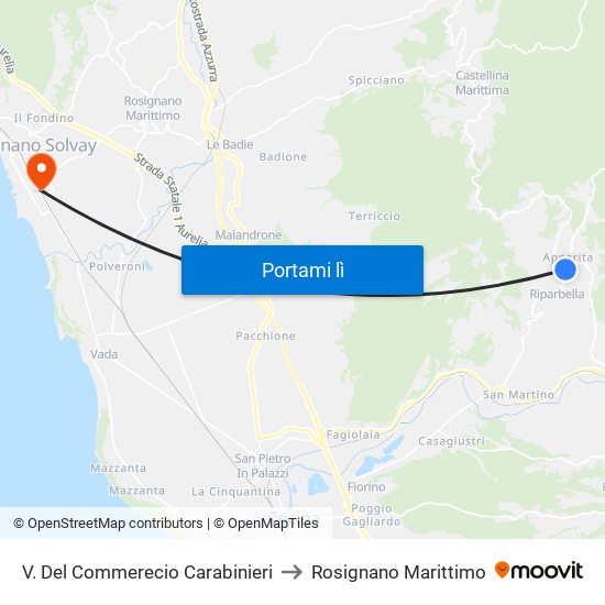V. Del Commerecio Carabinieri to Rosignano Marittimo map