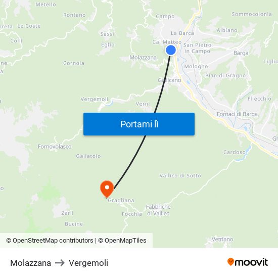 Molazzana to Vergemoli map