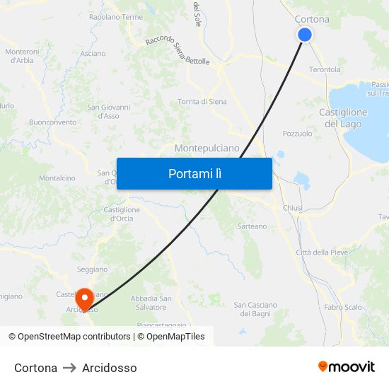 Cortona to Arcidosso map