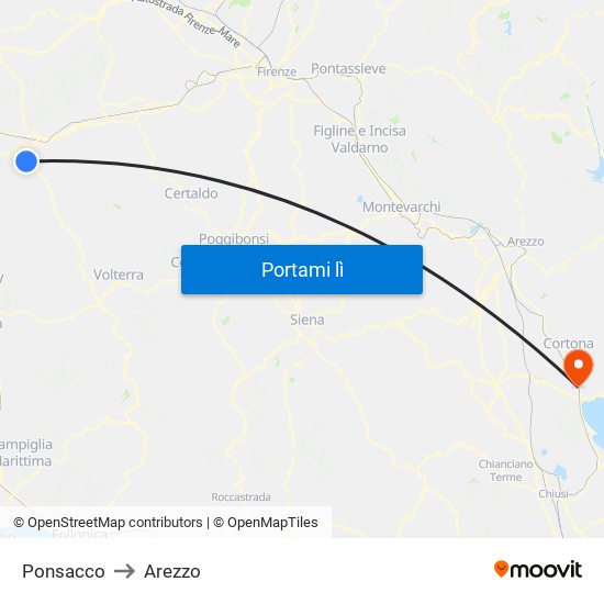 Ponsacco to Arezzo map