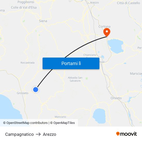 Campagnatico to Arezzo map
