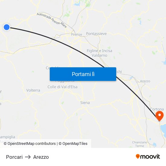 Porcari to Arezzo map