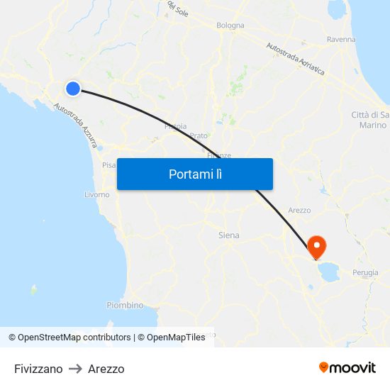 Fivizzano to Arezzo map