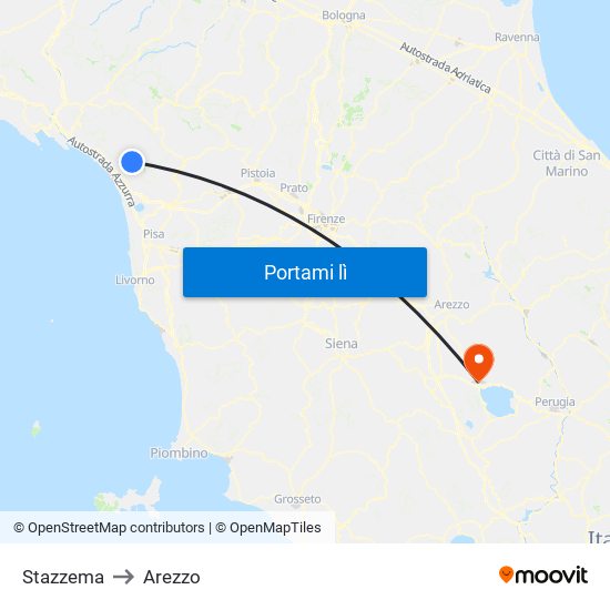 Stazzema to Arezzo map