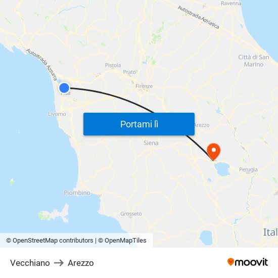 Vecchiano to Arezzo map