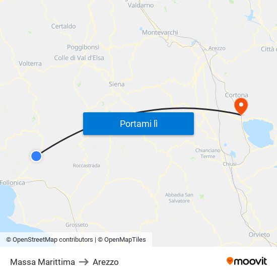 Massa Marittima to Arezzo map