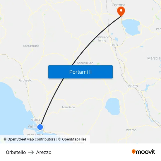 Orbetello to Arezzo map