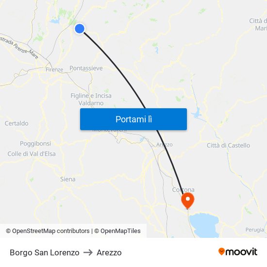 Borgo San Lorenzo to Arezzo map