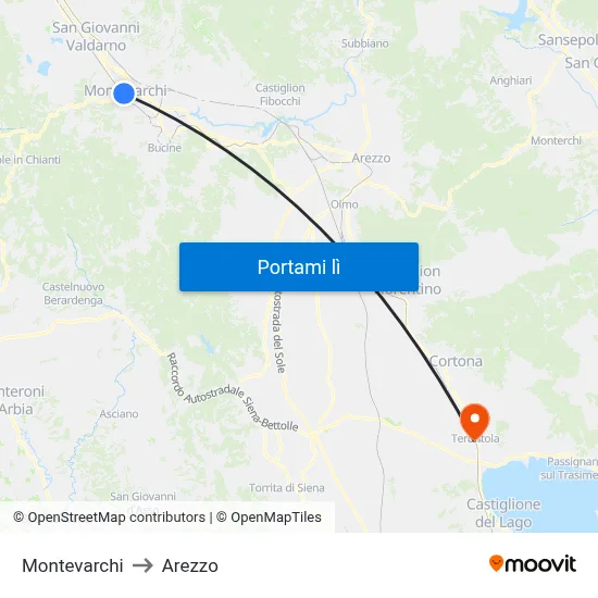 Montevarchi to Arezzo map