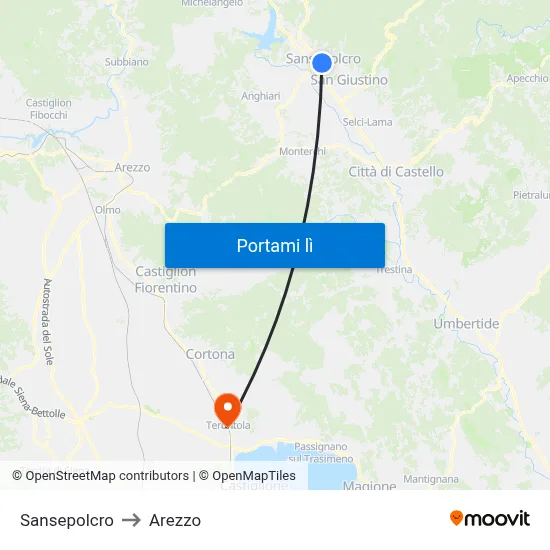 Sansepolcro to Arezzo map