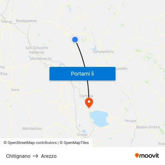 Chitignano to Arezzo map